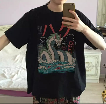 Cute Black Dragon Anime Cartoon Print Oversize Loose Short Sleeve T-shirt Aesthetic Casual Summer E-Girl Kawaii Korean Japanese Harajuku Street