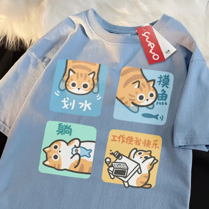 Orange Cat Print Short Sleeve T-shirt