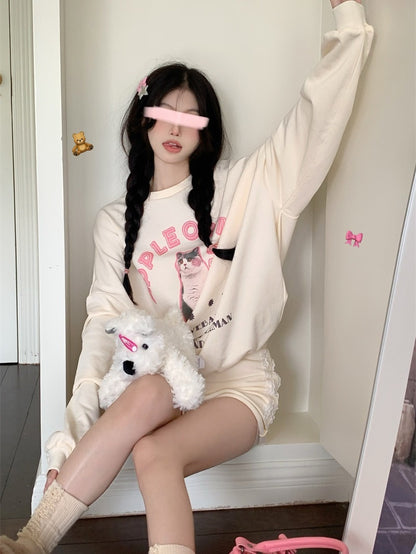 Cat Question Mark Graphic Print Loose Sweatshirt
