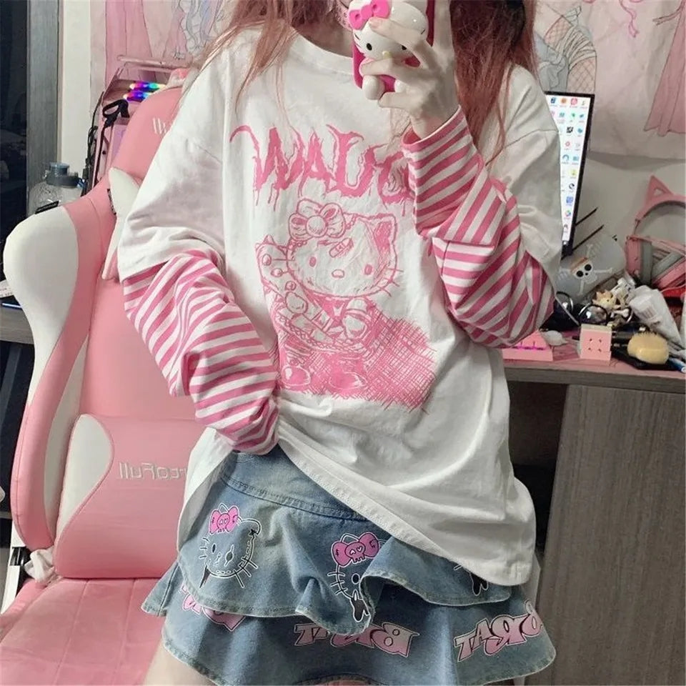 Cat Anime Print Loose Stripe Long Sleeve T-shirt