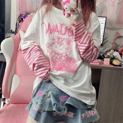Cat Anime Print Loose Stripe Long Sleeve T-shirt
