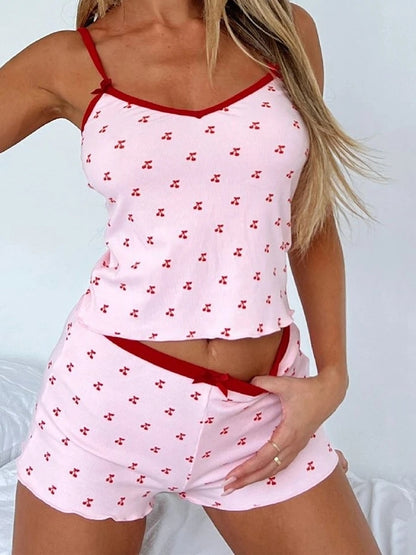 2PCS Pink Cherry Tank Top + Shorts