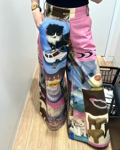 Cat Contrast Patchwork Wide Leg Trousers