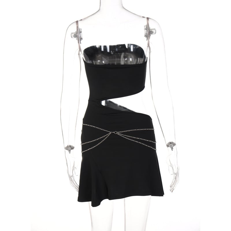 Black Strapless Chain Cut Out Split Mini Dress