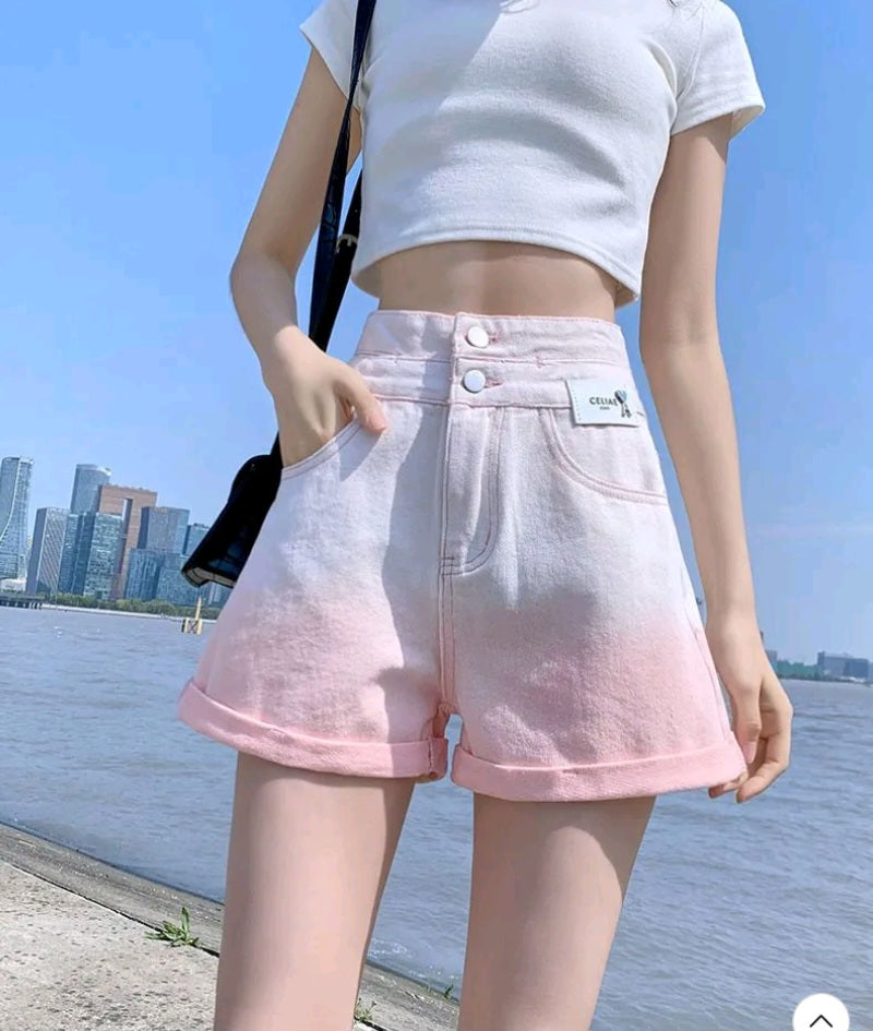 Pink Ombre High Waist Button Shorts