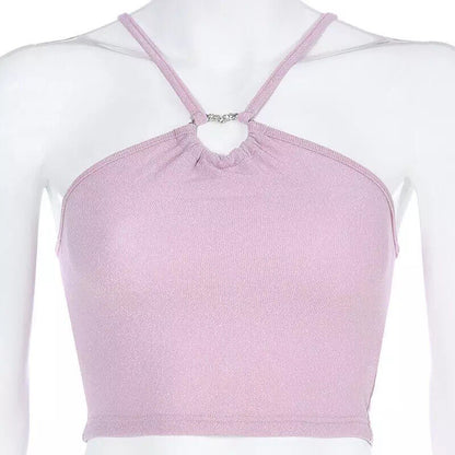 Heart Pink Sequin Halter Neck Crop Top Sleeveless Shirt Camisole Summer Aesthetic Casual E-Girl Kawaii Korean Japanese Harajuku
