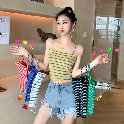 Cute Stripe Knit Cropped Tank Top Spaghetti Strap Camisole Sleeveless Shirt T-shirt Top E-Girl Kawaii Korean Japanese Harajuku Streetwear