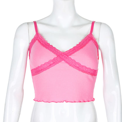 Cute Sexy Lace Patchwork Camisole Spaghetti Strap Crop Top Shirt Tee T-shirt E-Girl Kawaii Korean Japanese Harajuku Chinese Retro Streetwear Aesthetic