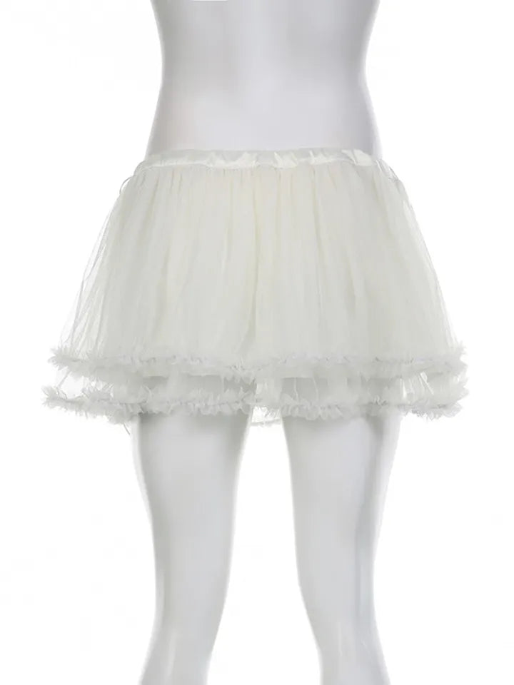 White Mesh Ruffle Mini Skirt