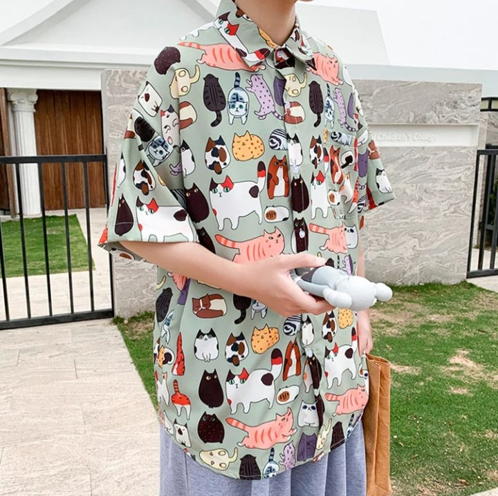 Cute Vintage Unisex Cat Cartoon Print Loose Short Sleeve Shirt Button Up Aesthetic Casual Summer E-Girl Kawaii Korean Japanese Harajuku