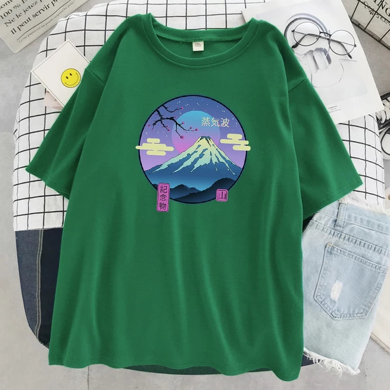 Cute Mount Fuji Japan Cartoon Anime Print Oversize Short Sleeve T-shirt Aesthetic Casual Summer E-Girl Kawaii Korean Japanese Harajuku Streetwear