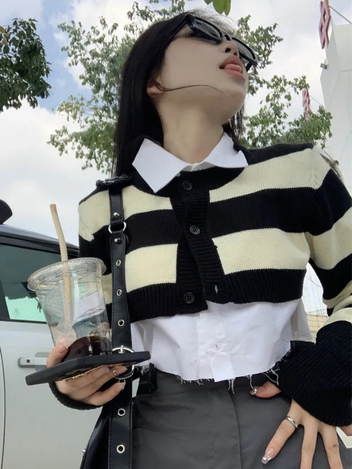 2PCS Stripe Sweater + White Shirt