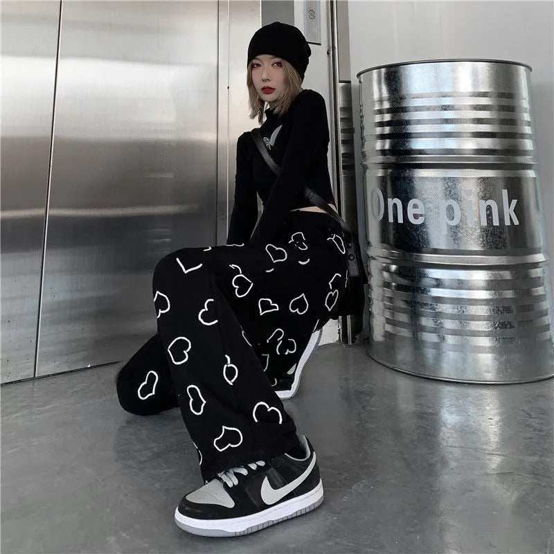 Black Heart Print High Waist Pants
