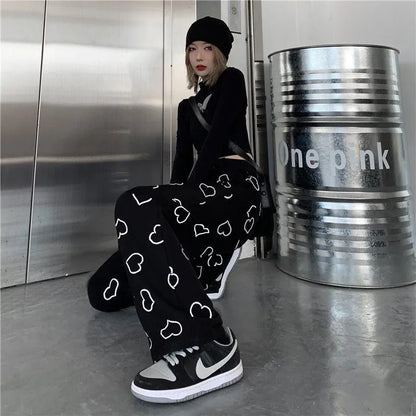 Black Heart Print High Waist Pants