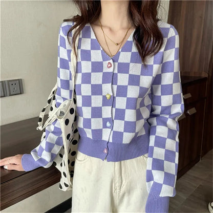 Purple Color Block Heart Button V Neck Sweater
