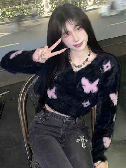 Black Fluffy Butterfly Sweater