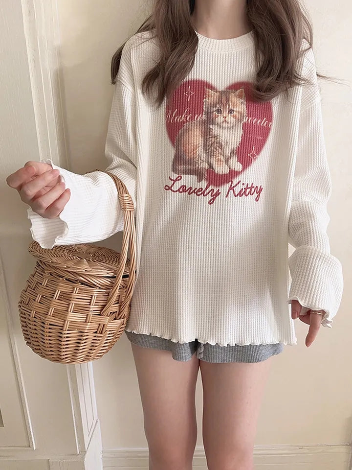 Cat Heart Print Ribbed Long Sleeve Shirt