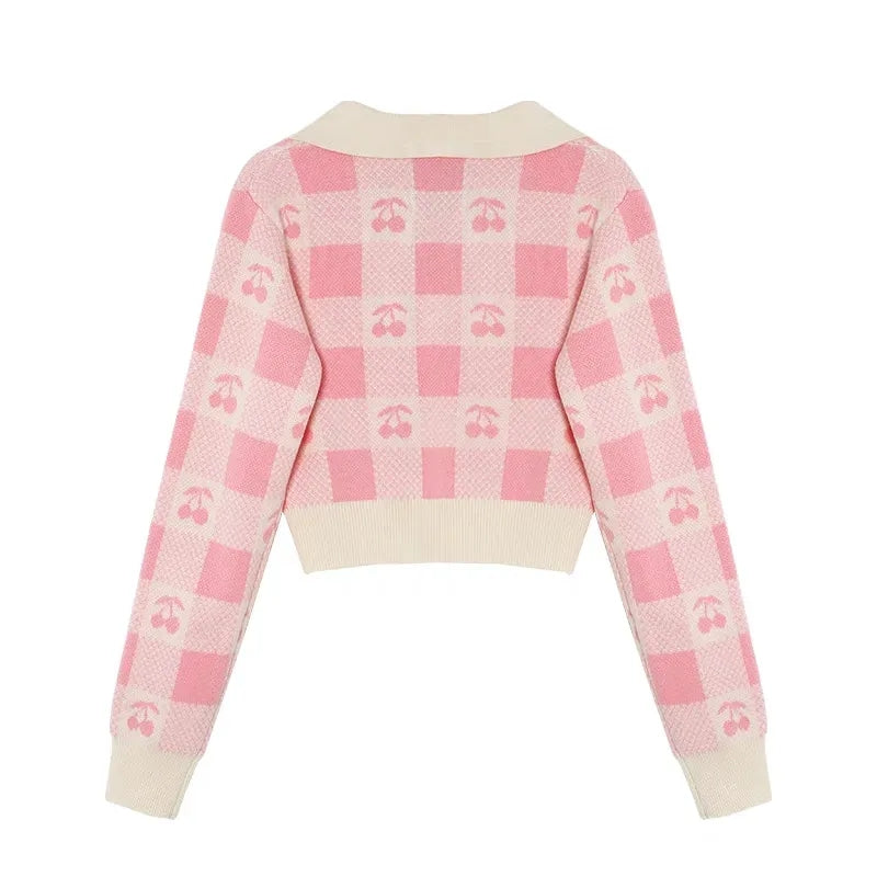 Cherry Plaid Polo Collar Sweater