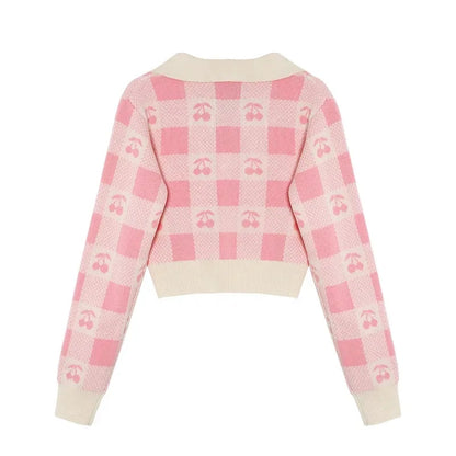 Cherry Plaid Polo Collar Sweater