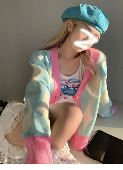 Pastel Argyle V Neck Cardigan Sweater