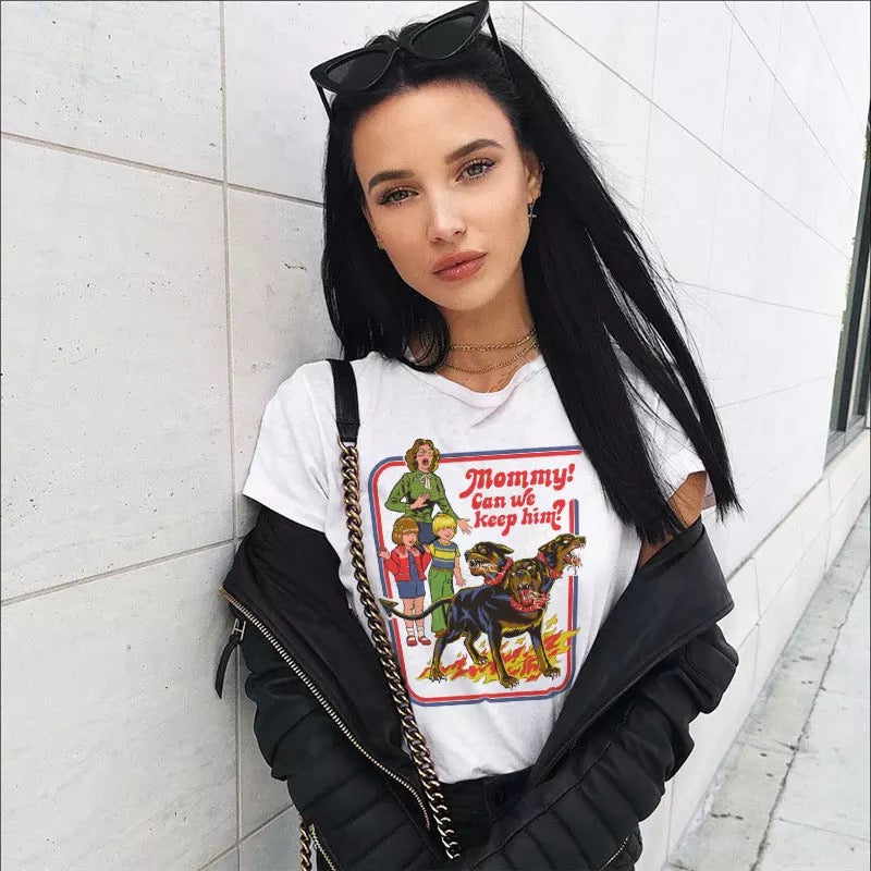 Cute Funny Cartoon Vintage Punk Print Short Sleeve Shirt T-shirt Tee Top Kawaii Korean Japanese Harajuku Chinese Retro Streetwear Aesthetic Fashion