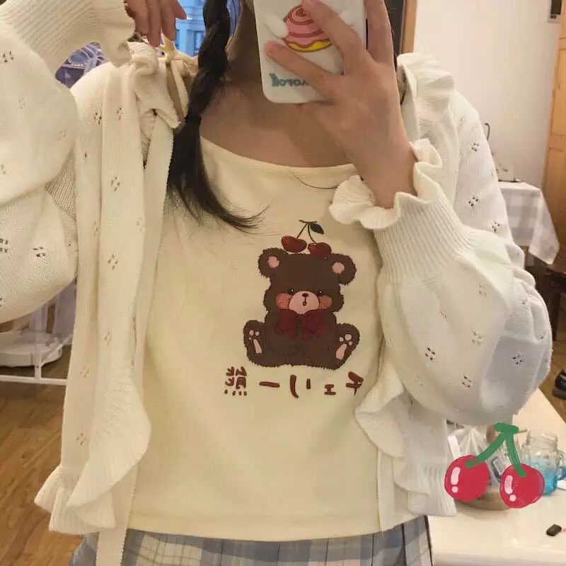 Cute Brown Bear Cherry Graphic Cartoon Print Camisole Spaghetti Strap Shirt Aesthetic Casual Summer E-Girl Kawaii Korean Japanese Harajuku