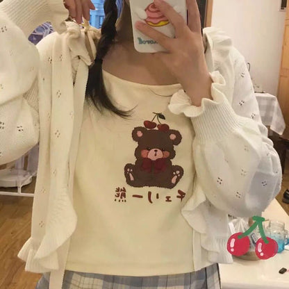 Cute Brown Bear Cherry Graphic Cartoon Print Camisole Spaghetti Strap Shirt Aesthetic Casual Summer E-Girl Kawaii Korean Japanese Harajuku