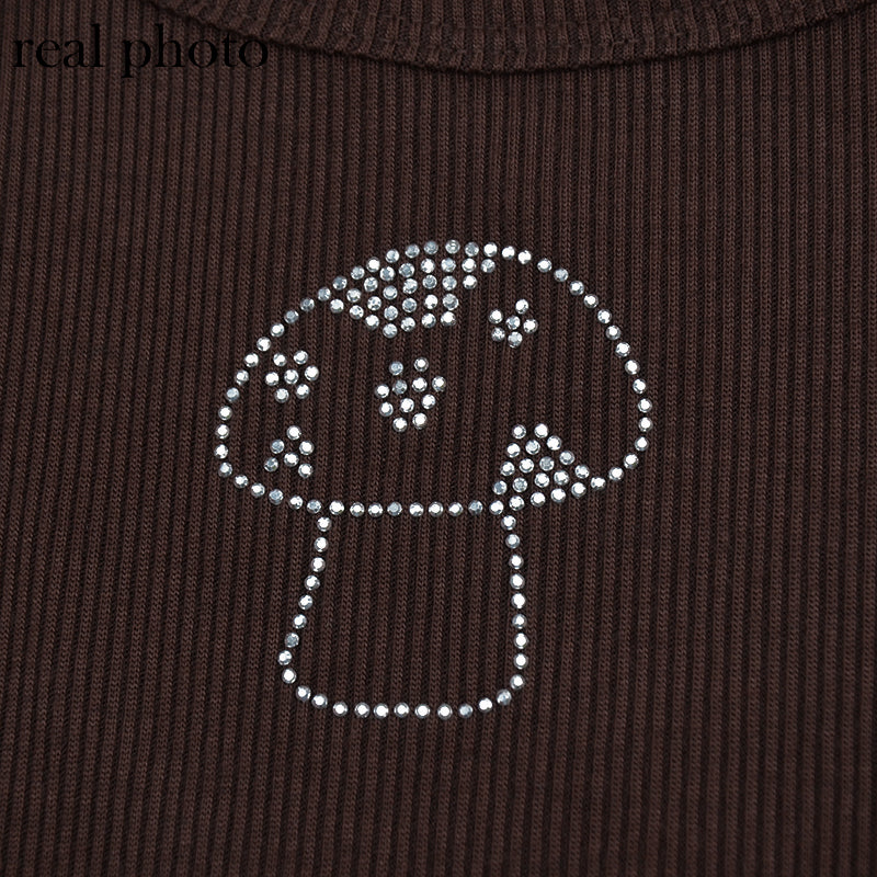 Cute 90s Vintage Brown Mushroom Diamond Aesthetics Crop Top Tank Sleeveless Shirt Summer Casual E-Girl Kawaii Korean Japanese Harajuku Streetwear