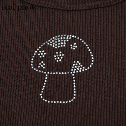 Cute 90s Vintage Brown Mushroom Diamond Aesthetics Crop Top Tank Sleeveless Shirt Summer Casual E-Girl Kawaii Korean Japanese Harajuku Streetwear