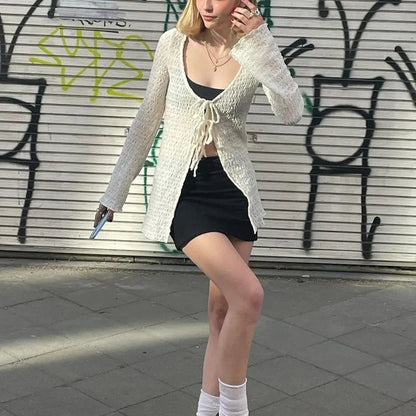 White Lace Up Long Sleeve Flare Cardigan