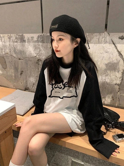 Cat Pixel Print Long Sleeve Shirt