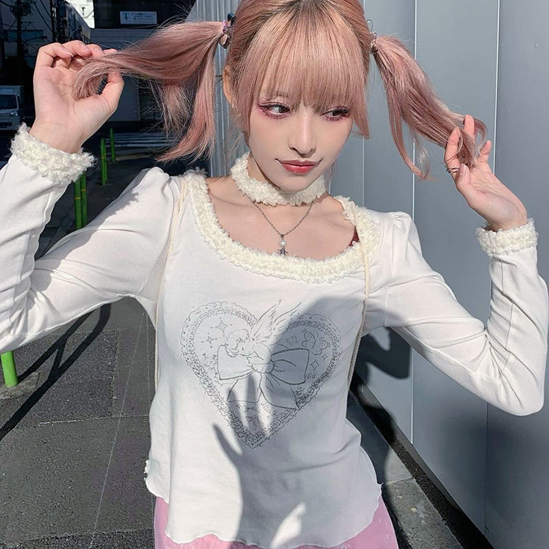 White Heart Fairy Print Long Sleeve Shirt