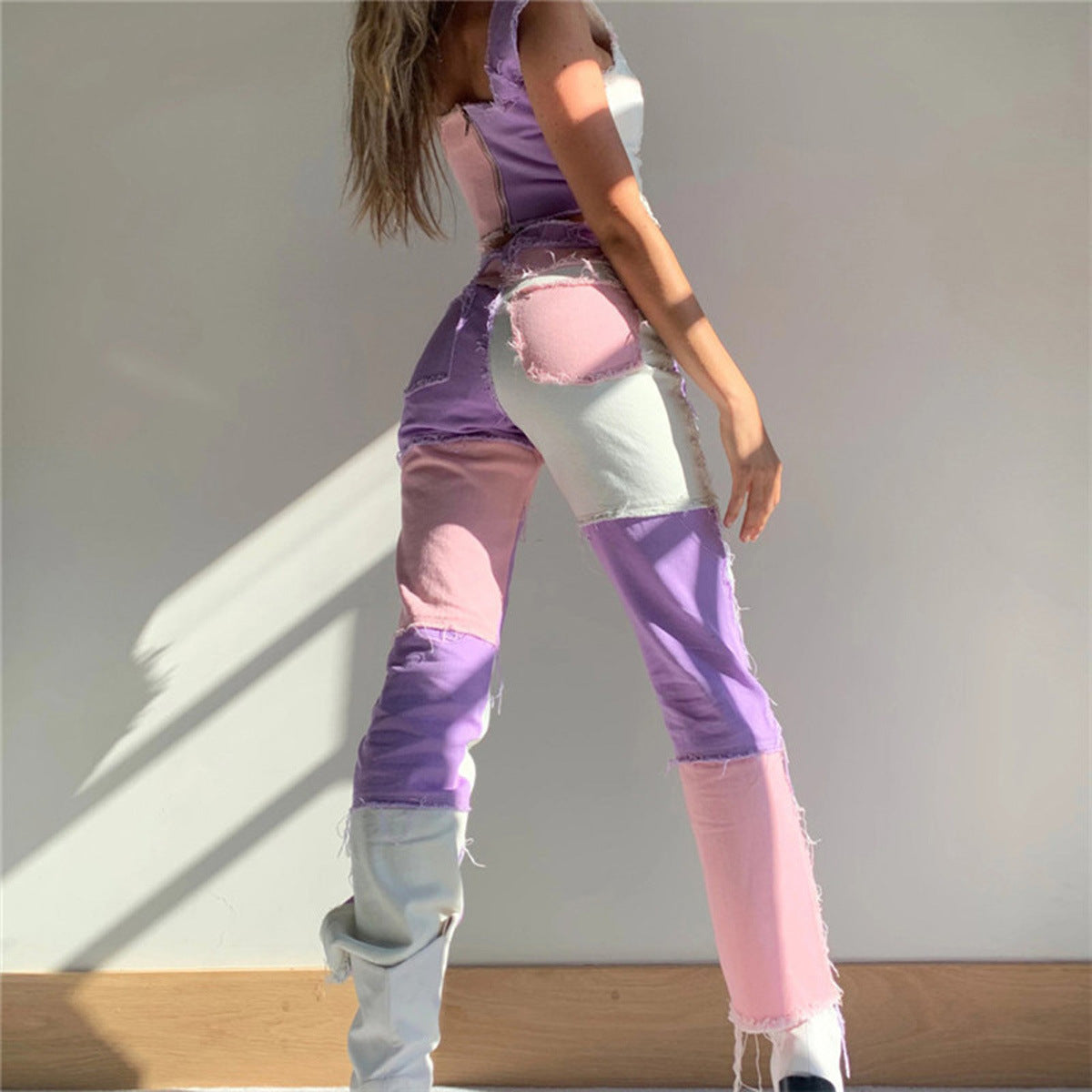 Pink & Purple Patchwork High Waist Pants