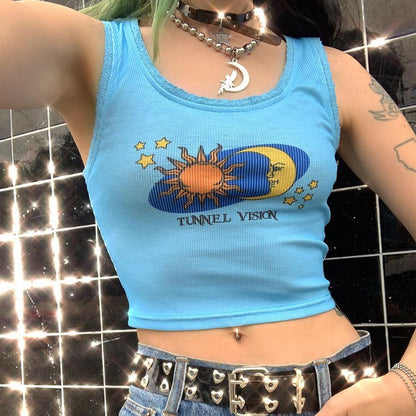 Cute Graphic Cartoon Print Retro Aesthetic Sleeveless Shirt Crop Top Tank Rib Knit Goth Punk Casual E-Girl Kawaii Korean Japanese Harajuku Streetwear