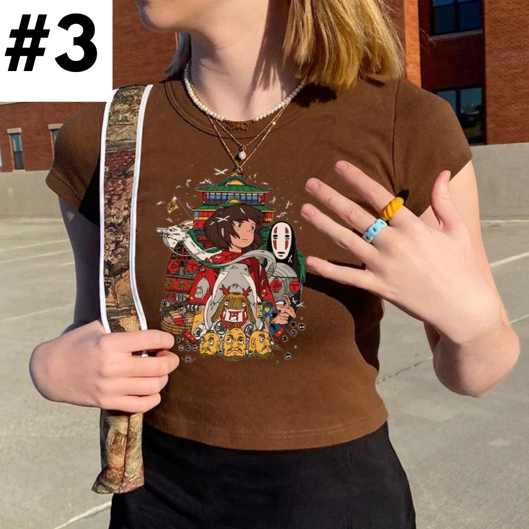 Brown Japanese Anime Cartoon Print Crop Top