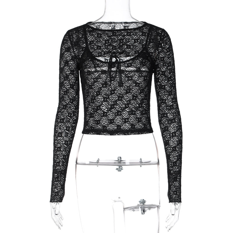 Black Mesh Lace Long Sleeve Shirt