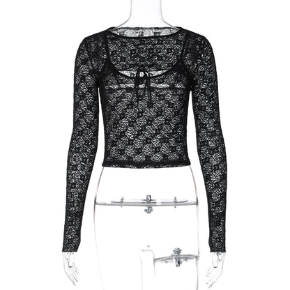 Black Mesh Lace Long Sleeve Shirt