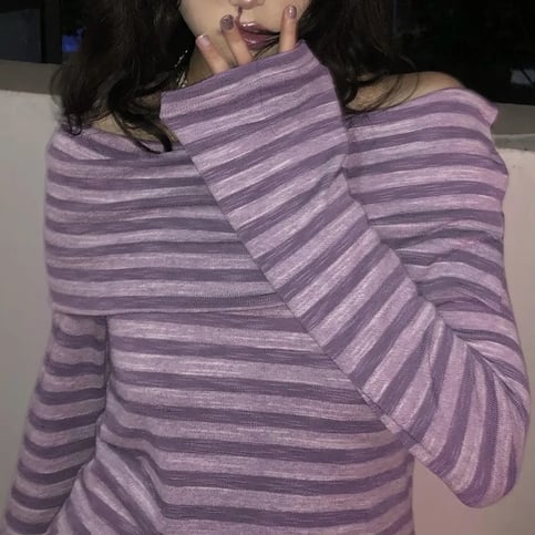 Purple Stripe Slash Neck Long Sleeve Shirt