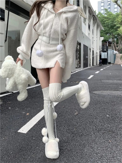 2PCS White Soft Zipper Hoodie + Split Mini Skirt
