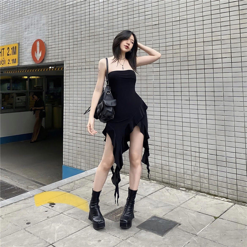 Black Irregular Backless Off Shoulder Dress