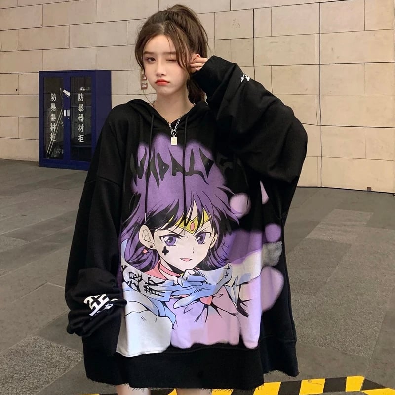 Cute Purple Anime Girl Graphic Print Oversize Long Sleeve Shirt Hoodie Punk Goth Aesthetic Casual E-Girl Kawaii Korean Japanese Harajuku