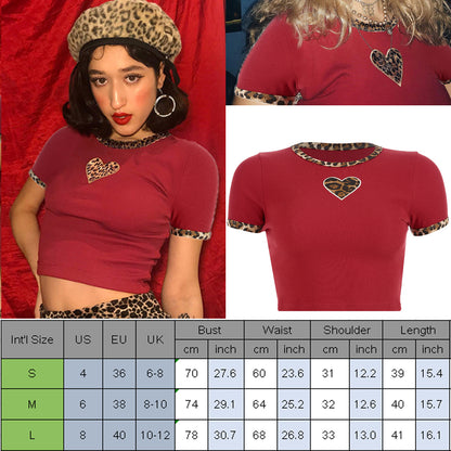 Cute Sexy Leopard Animal Print Heart Crop Top Short Sleeve Shirt Tee T-shirt E-Girl Kawaii Korean Japanese Harajuku Chinese Retro Streetwear Aesthetic