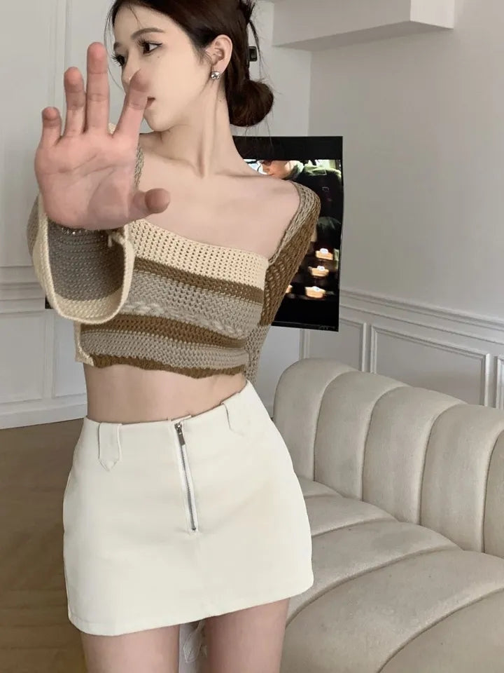 Brown Crochet Bell Sleeve Cut Out Long Sleeve Shirt