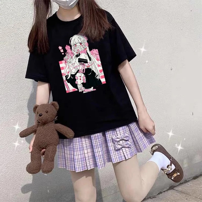 Cute Pink Black Sweet Vintage Anime Girl Cartoon Loose Short Sleeve Shirt Tee T-shirt Summer Casual E-Girl Kawaii Korean Japanese Harajuku Streetwear