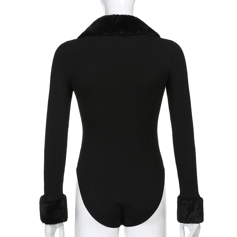 Black Faux Fur V Neck Bodycon Sweater