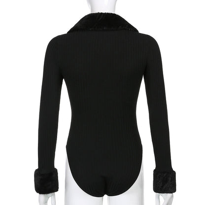 Black Faux Fur V Neck Bodycon Sweater
