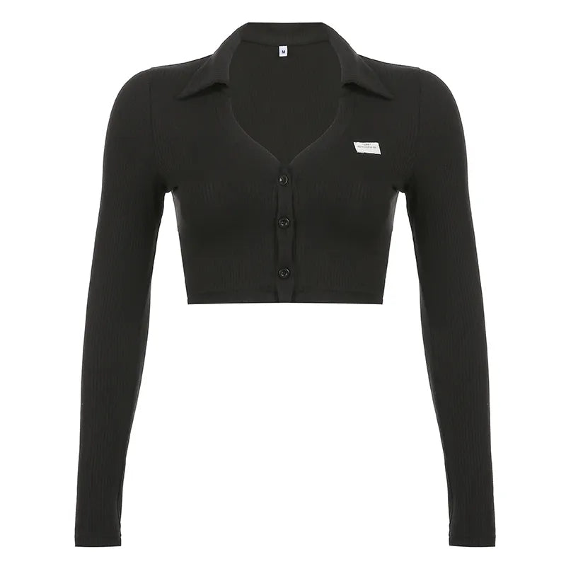 Black Knit V Neck Long Sleeve Crop Top
