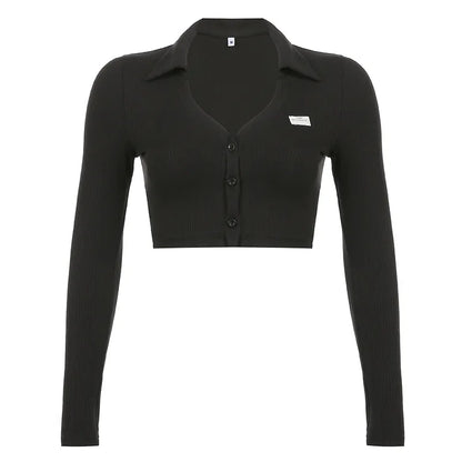 Black Knit V Neck Long Sleeve Crop Top
