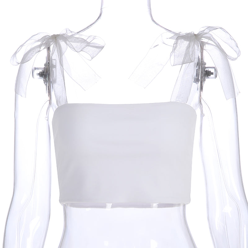 Cute White Patchwork Mesh Transparent Straps Tie Up Tank Top Crop Shirt Tee T-shirt E-Girl Kawaii Korean Japanese Harajuku Retro Streetwear Aesthetic