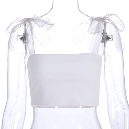 Cute White Patchwork Mesh Transparent Straps Tie Up Tank Top Crop Shirt Tee T-shirt E-Girl Kawaii Korean Japanese Harajuku Retro Streetwear Aesthetic